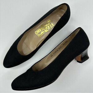 Salvatore Ferragamo Women’s Black Canvas Block Heel Designer Heels US 6.5 AA